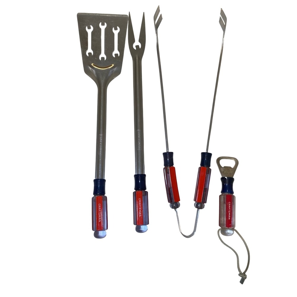 Vintage Craftsman USA BBQ Tool Set Spatula Fork Tongs Bottle Opener Red Blue